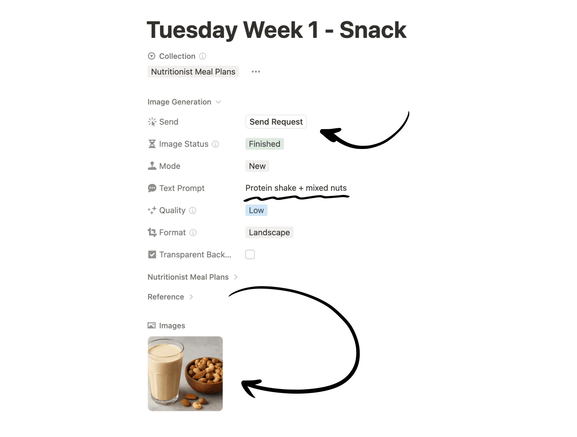Loomyn in action showing the workflow from text prompt to generated protein shake image